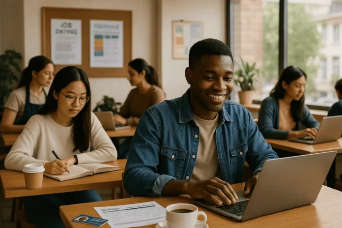 Étudiants étrangers en France travaillant et révisant dans un espace calme et lumineux, un jeune homme concentré sur son ordinateur aux côtés d’étudiantes prenant des notes, ambiance universitaire réaliste.